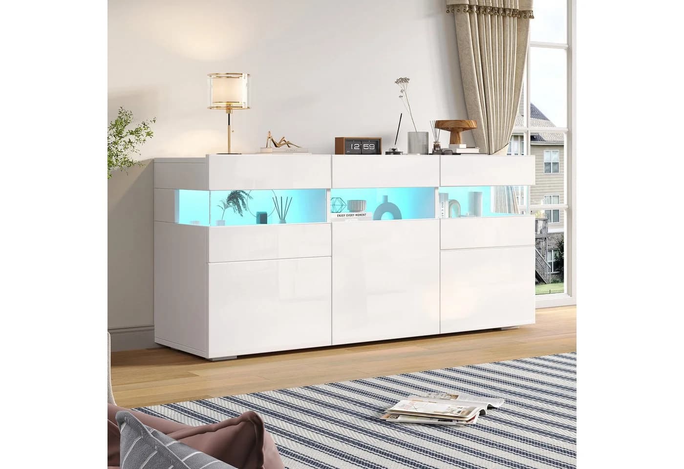 Merax Sideboard mit LED-Lichtleiste, Weiß, Hochglanzfront - Bild 3