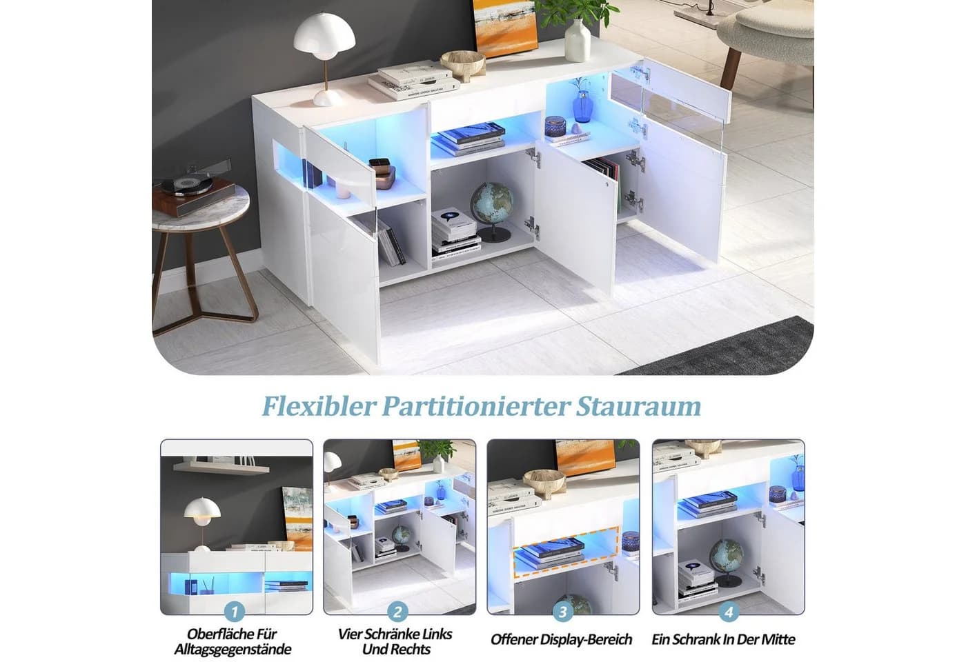 Merax Sideboard mit LED-Lichtleiste, Weiß, Hochglanzfront - Bild 4