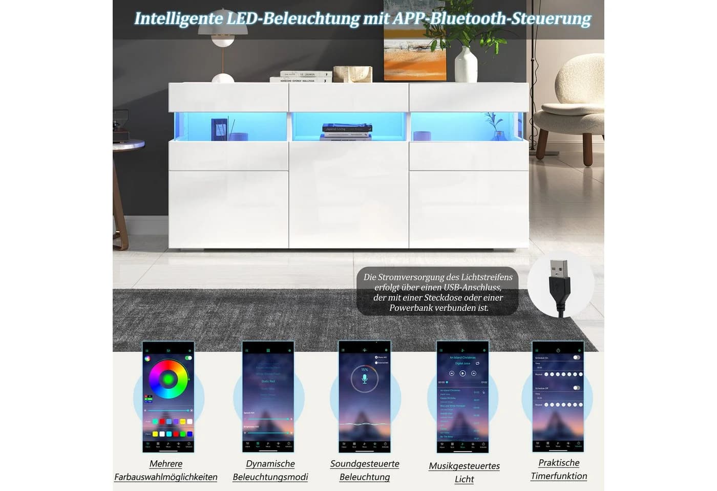 Merax Sideboard mit LED-Lichtleiste, Weiß, Hochglanzfront - Bild 5