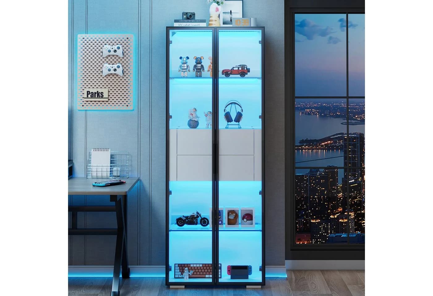 Merax Standvitrine Glasvitrine mit LED-Beleuchtung und Stauraum