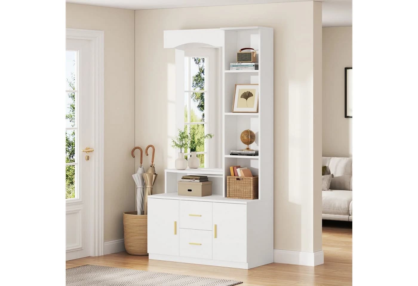 Merax Garderoben-Set mit großem Spiegel, Kompaktgarderobe mit 2 Schubladen, 2 Schränken und offenen Regalen - Bild 3