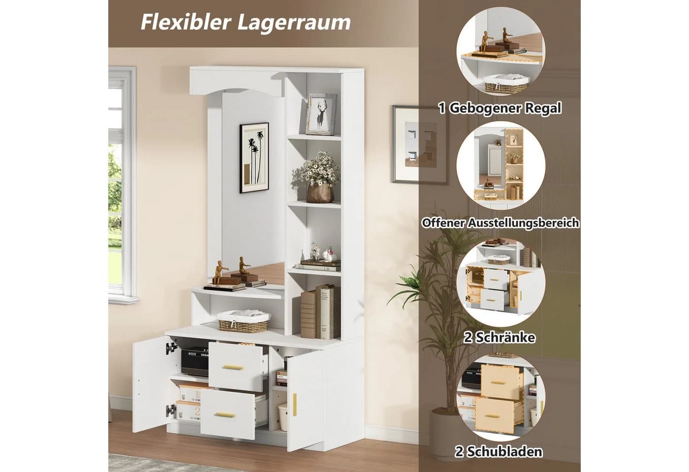 Merax Garderoben-Set mit großem Spiegel, Kompaktgarderobe mit 2 Schubladen, 2 Schränken und offenen Regalen - Bild 4