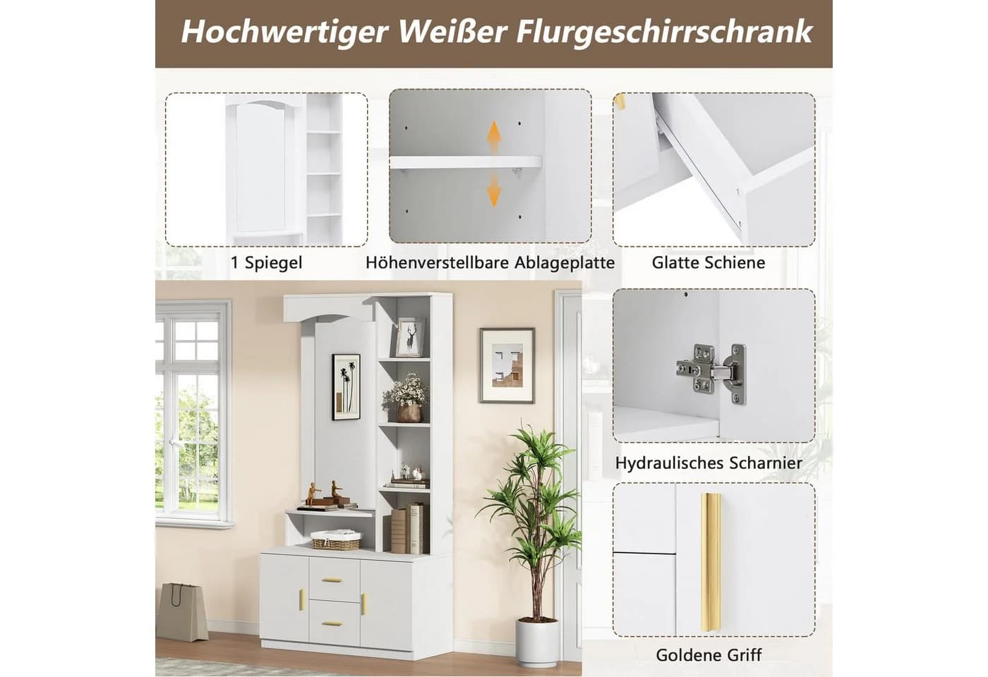 Merax Garderoben-Set mit großem Spiegel, Kompaktgarderobe mit 2 Schubladen, 2 Schränken und offenen Regalen - Bild 5