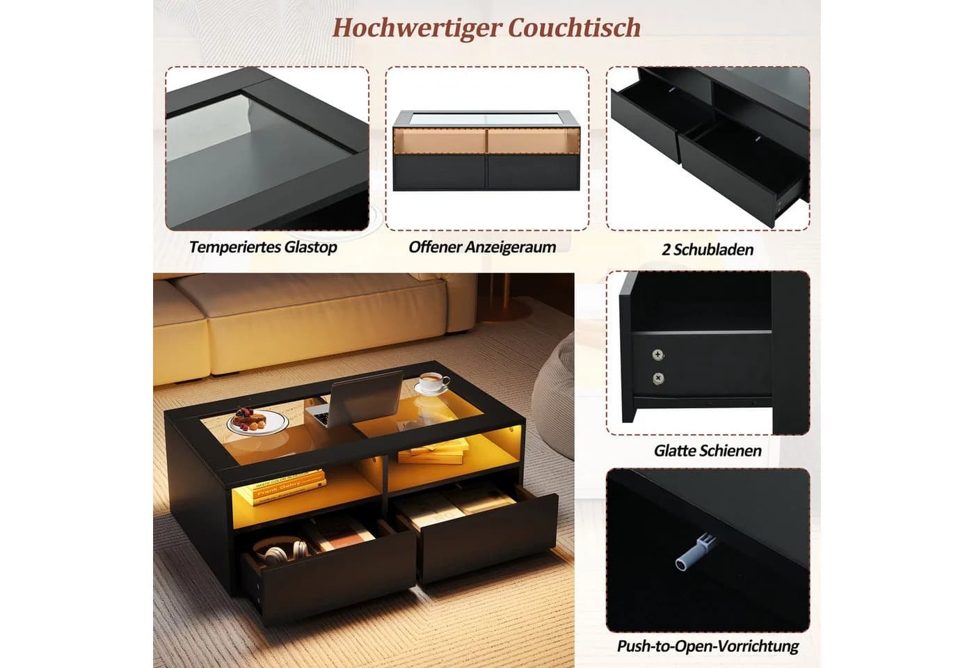 Merax LED-Couchtisch Wohnzimmertisch Beistelltisch mit LED-Beleuchtung - Bild 5