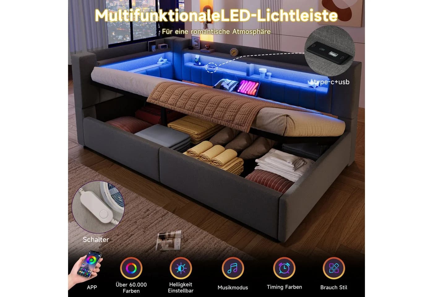 Merax Daybett 90x200cm mit LED-Beleuchtung und USB-Typ-C Ladefunktion - Bild 5