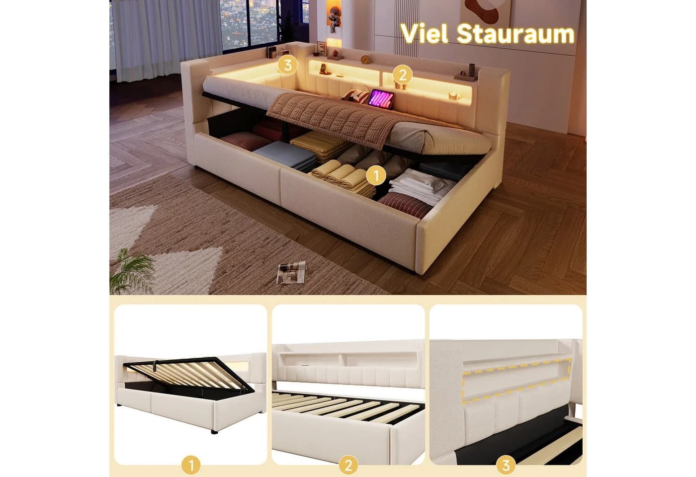 Merax Daybett 90x200cm mit LED-Beleuchtung und USB-Typ-C Ladefunktion - Bild 5