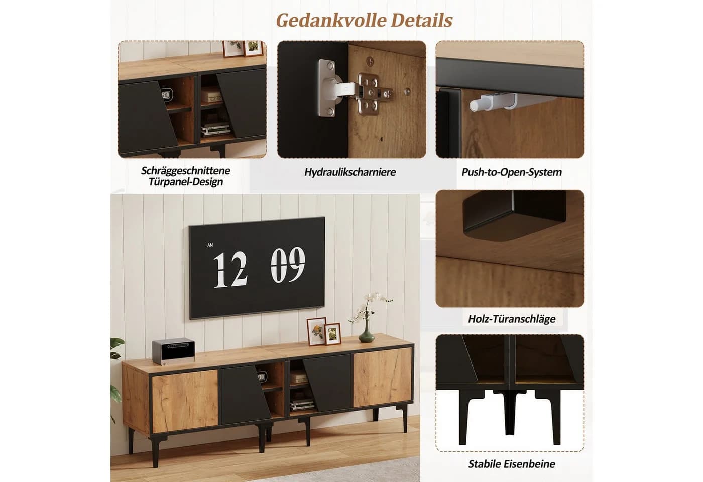 Merax Lowboard in Naturholz und Schwarz TV-Schrank mit 4 Fächern, 7 Stützbeinen & diagonalen Türen - Bild 5