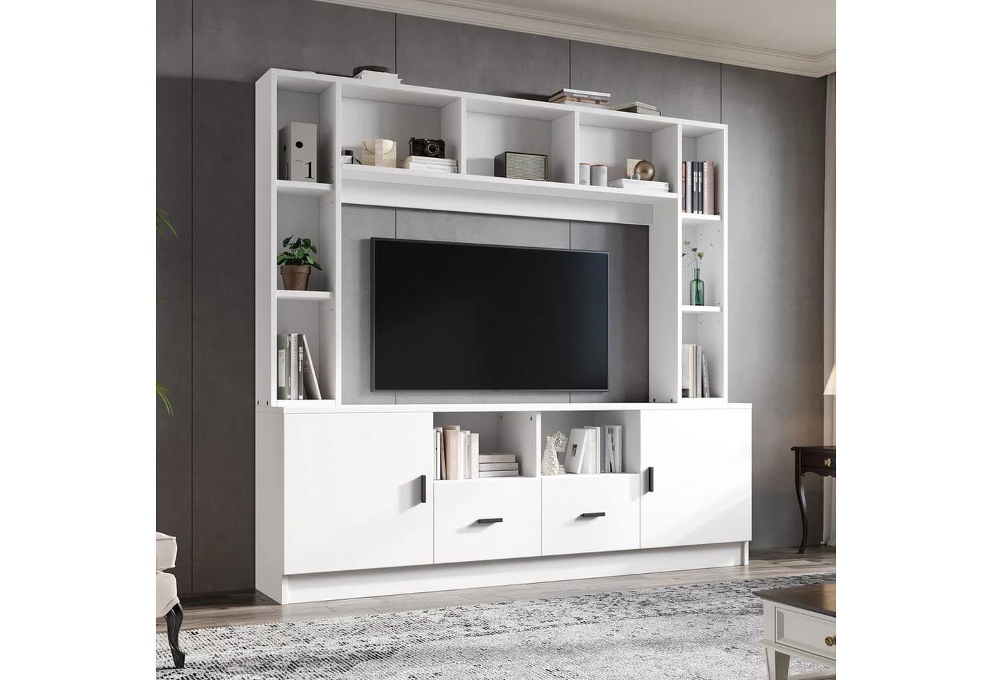 Merax Wohnwand-Set TV-Board-Set, 180 cm, Weiß, 2 Schränke, 2 Schubladen, 11 Fächer - Bild 2