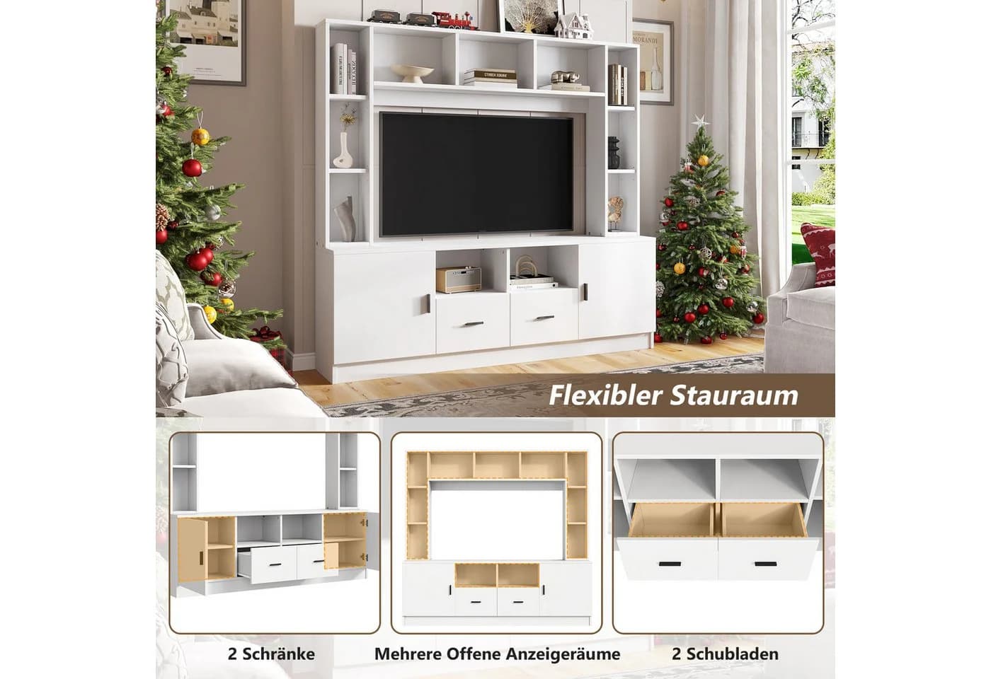 Merax Wohnwand-Set TV-Board-Set, 180 cm, Weiß, 2 Schränke, 2 Schubladen, 11 Fächer - Bild 4
