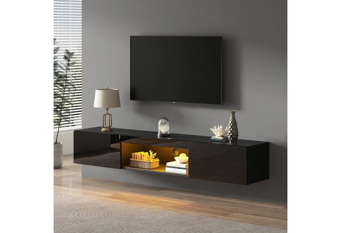 Merax Lowboard hängend mit Türen und offenes Fach, Fernsehtisch hochglanz, TV-Schrank mit LED, TV-Ständer, APP - Bild 3