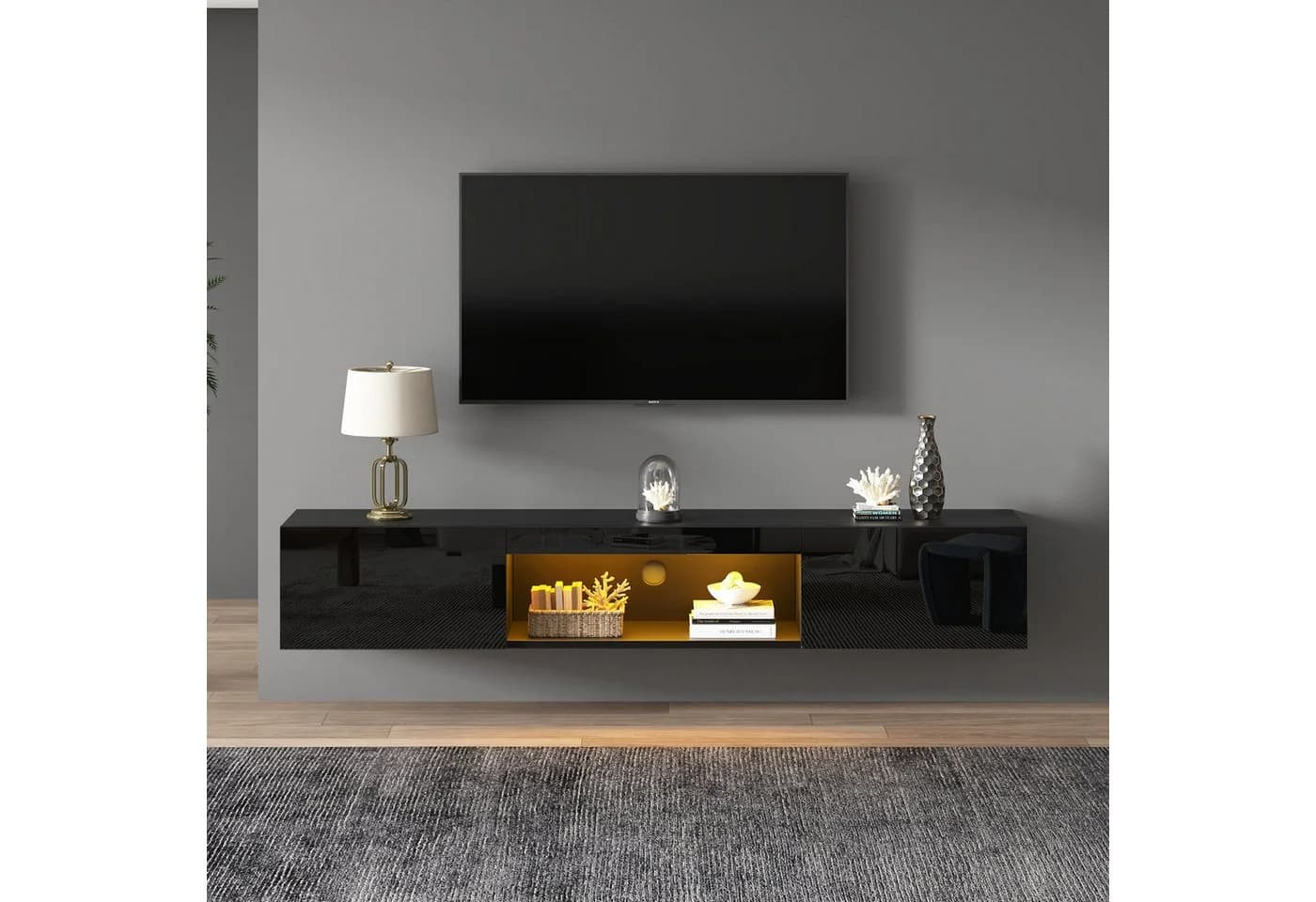 Merax Lowboard hängend mit Türen und offenes Fach, Fernsehtisch hochglanz, TV-Schrank mit LED, TV-Ständer, APP - Bild 4