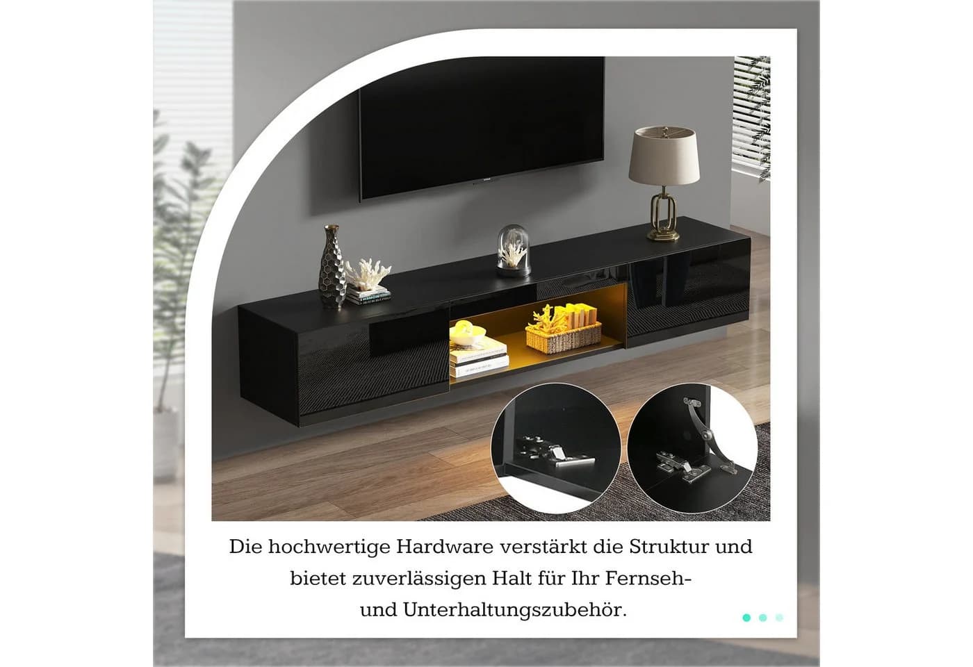 Merax Lowboard hängend mit Türen und offenes Fach, Fernsehtisch hochglanz, TV-Schrank mit LED, TV-Ständer, APP - Bild 5