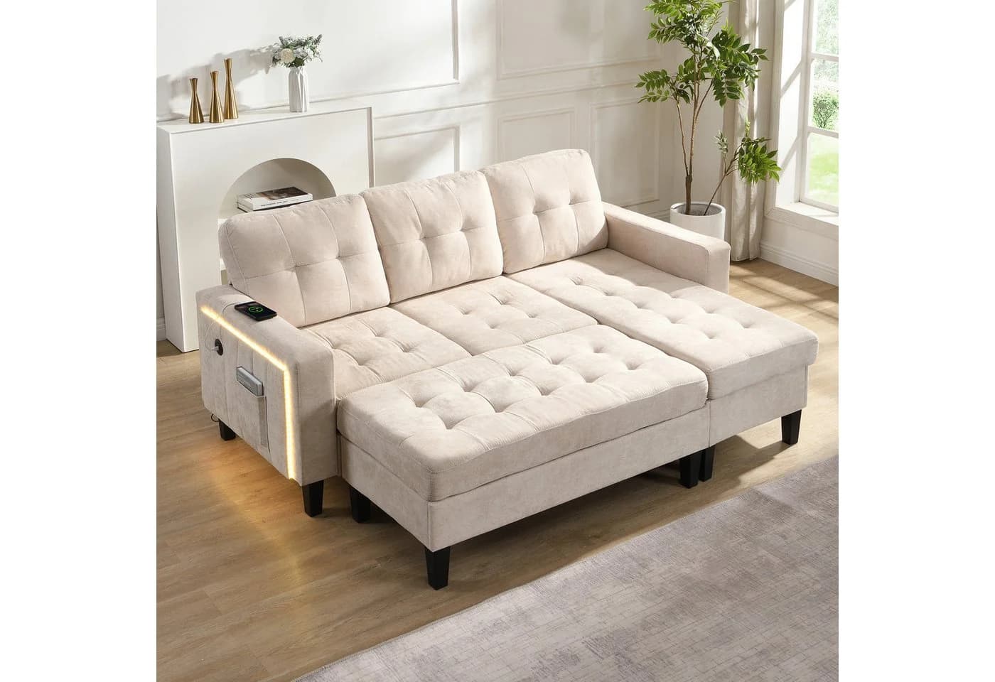 Merax Schlafsofa L-Form mit LED und USB - Beige/Grau Chenille - Bild 2