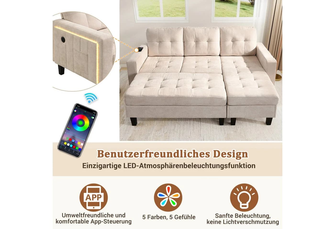 Merax Schlafsofa L-Form mit LED und USB - Beige/Grau Chenille - Bild 3