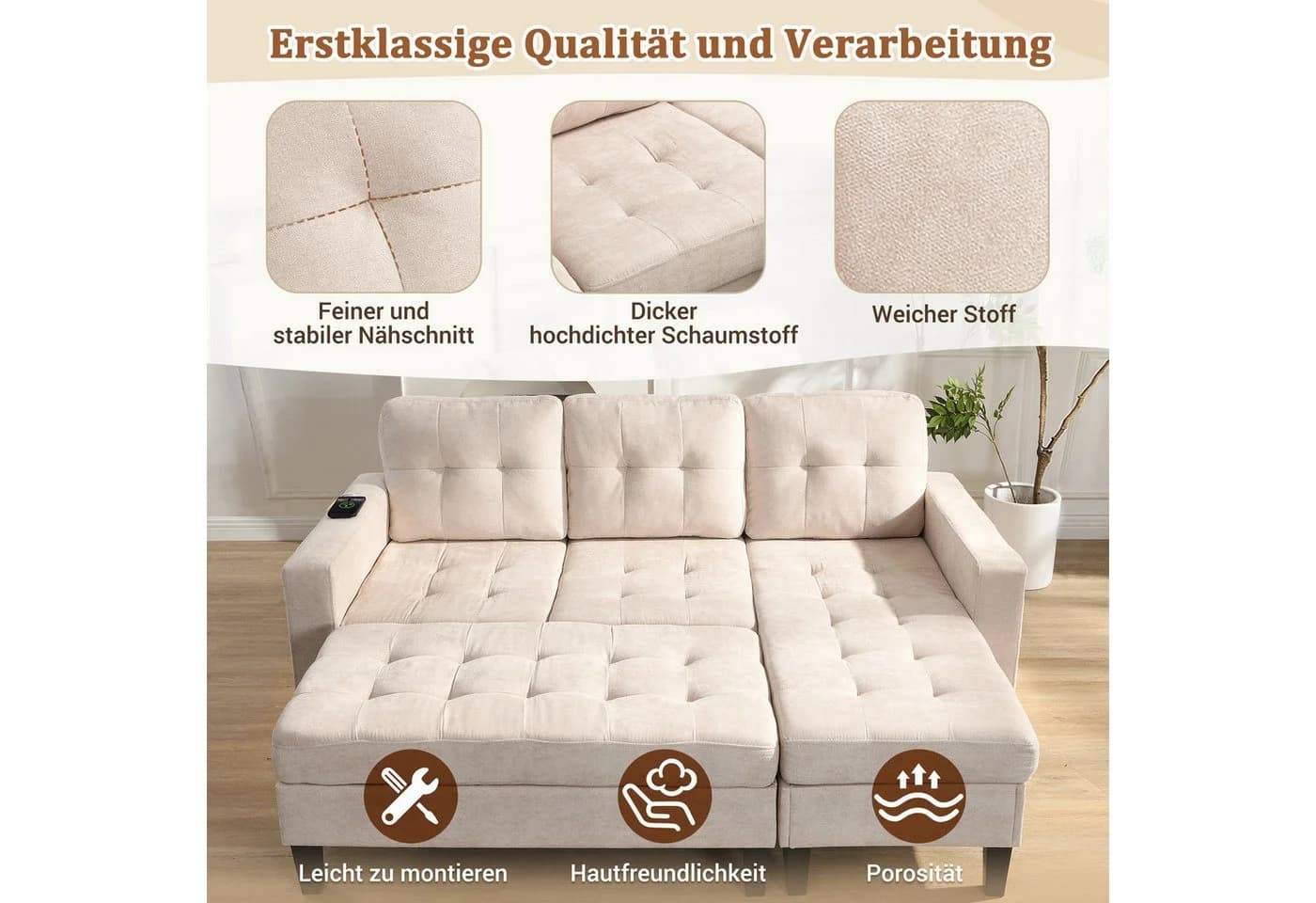 Merax Schlafsofa L-Form mit LED und USB - Beige/Grau Chenille - Bild 4