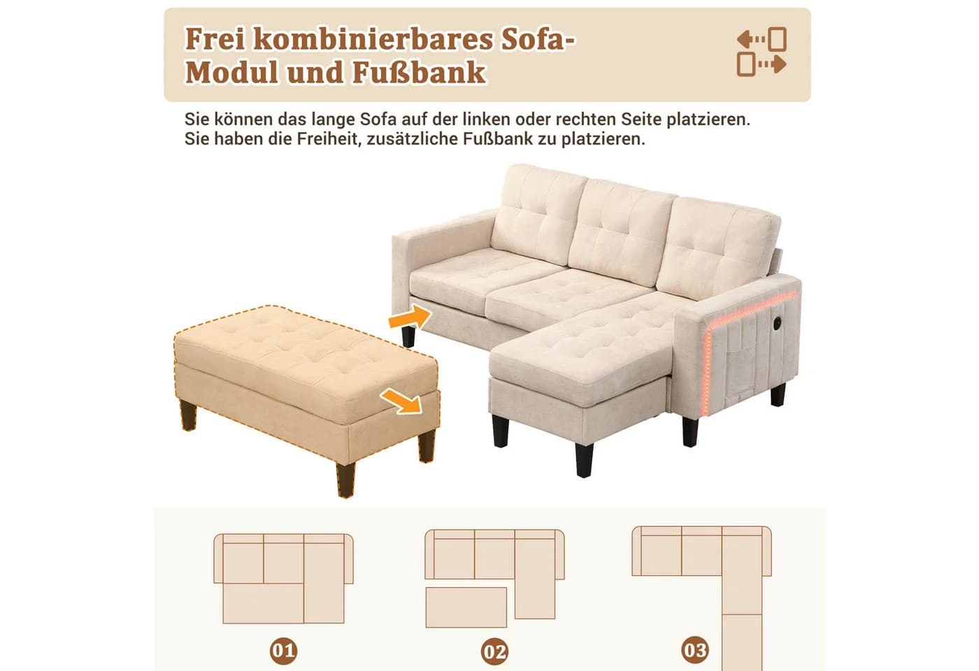 Merax Schlafsofa L-Form mit LED und USB - Beige/Grau Chenille - Bild 5