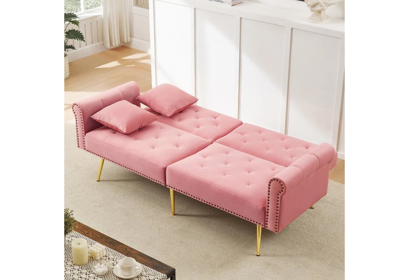 Merax Schlafsofa Rosa mit verstellbarer Rückenlehne & goldenen Metallfüßen