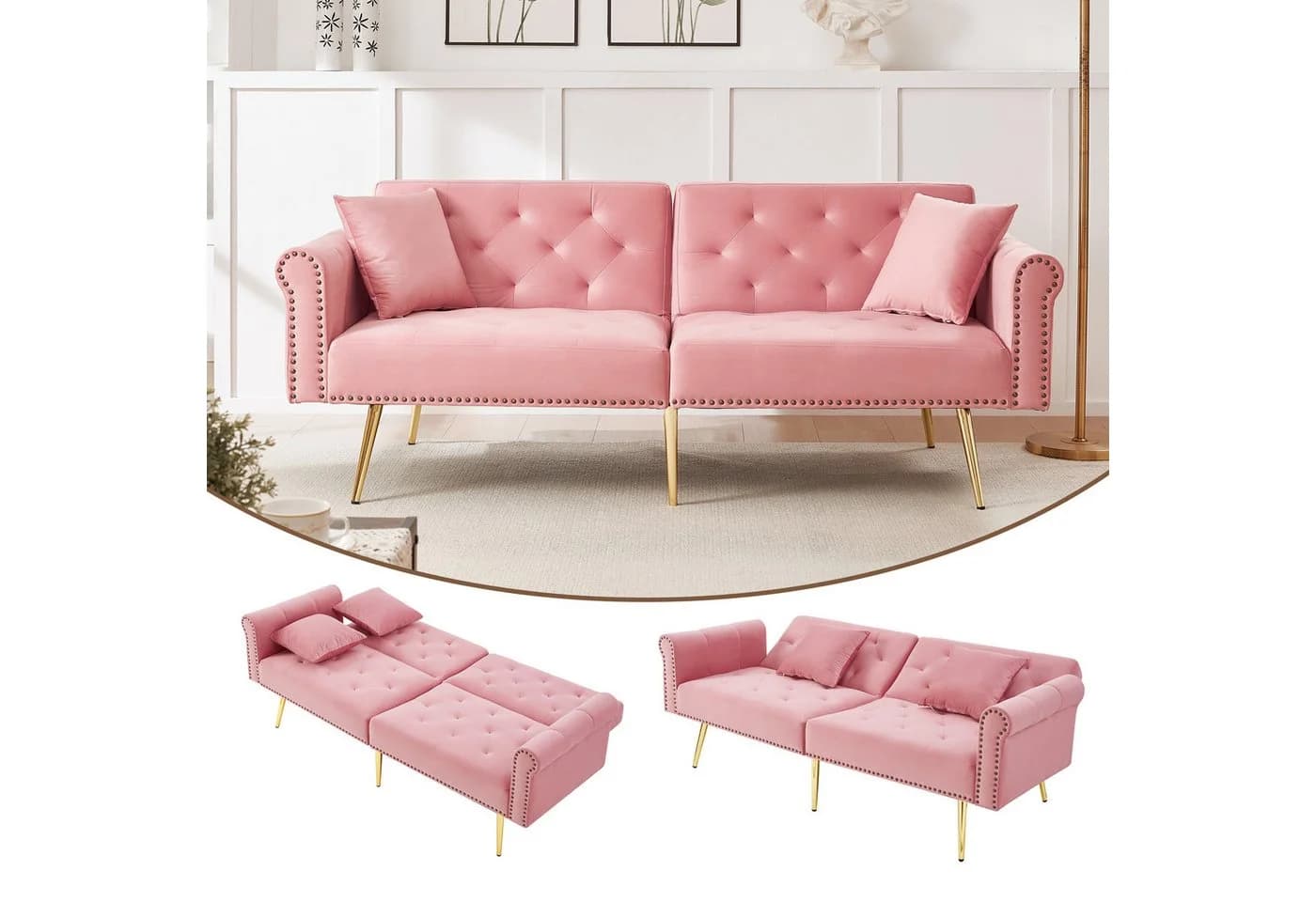 Merax Schlafsofa Rosa mit verstellbarer Rückenlehne & goldenen Metallfüßen - Bild 2
