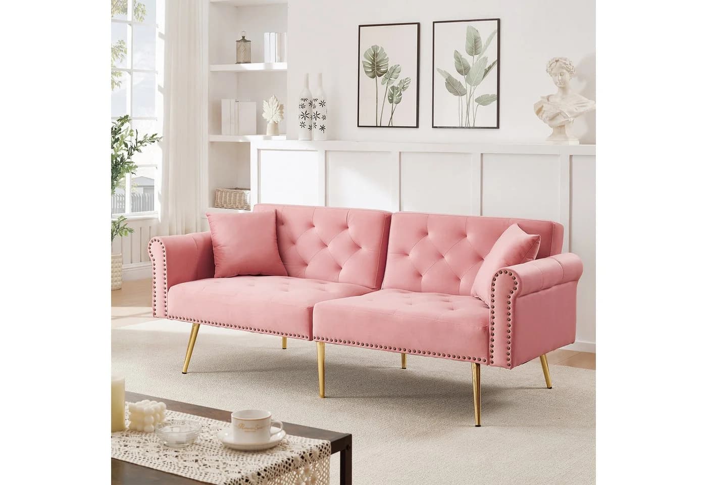 Merax Schlafsofa Rosa mit verstellbarer Rückenlehne & goldenen Metallfüßen - Bild 3