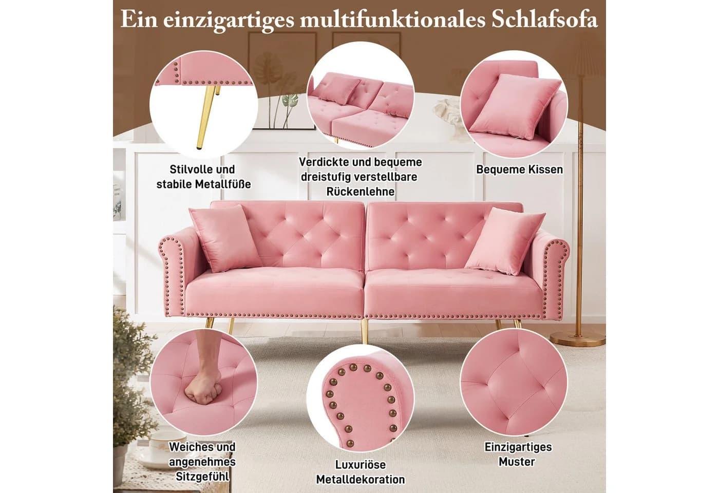 Merax Schlafsofa Rosa mit verstellbarer Rückenlehne & goldenen Metallfüßen - Bild 4