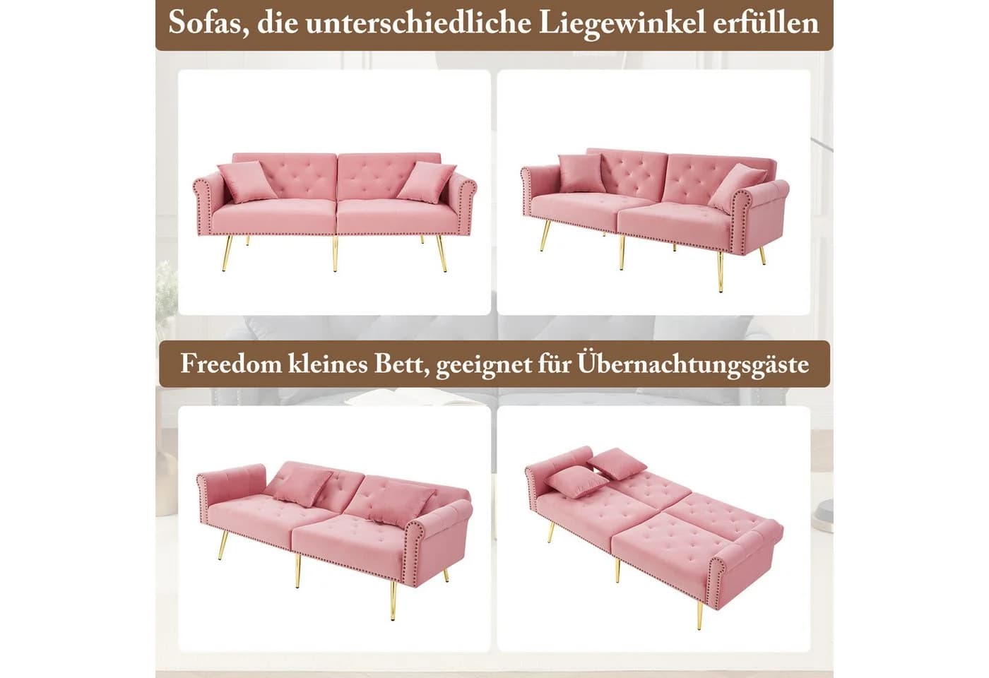 Merax Schlafsofa Rosa mit verstellbarer Rückenlehne & goldenen Metallfüßen - Bild 5