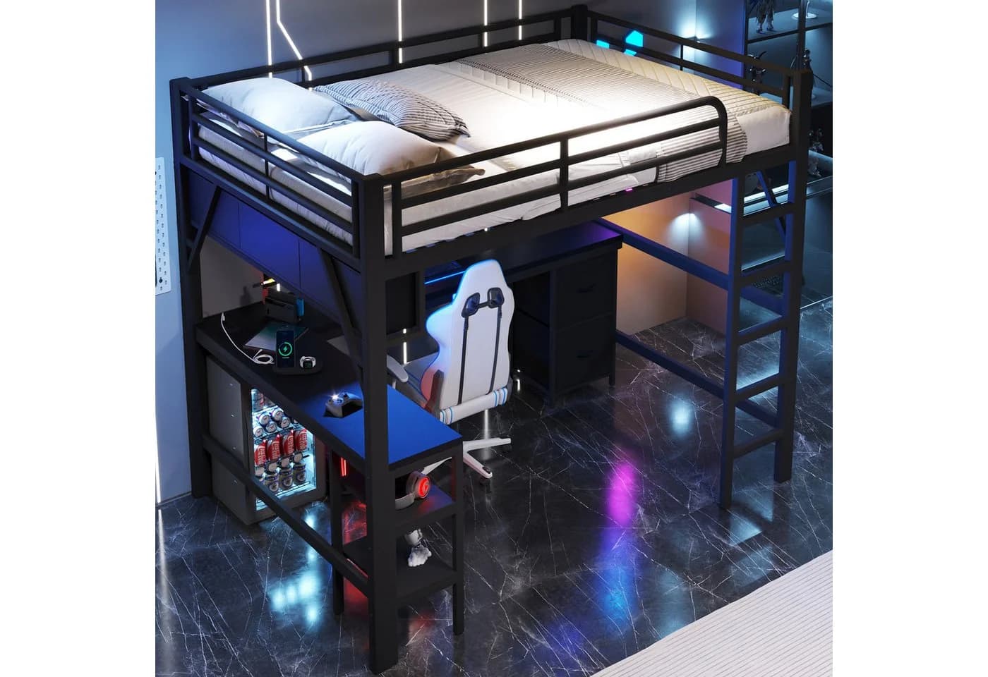Merax Hochbett 140x200 cm Metallbett mit LED-Beleuchtung & USB-Anschluss - Bild 3