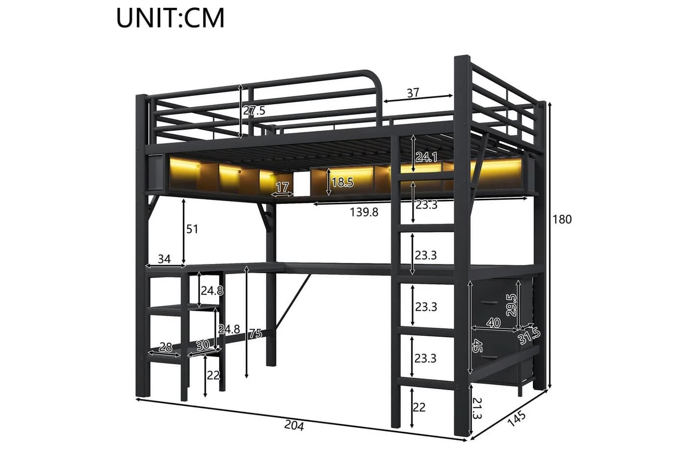 Merax Hochbett 140x200 cm Metallbett mit LED-Beleuchtung & USB-Anschluss - Bild 4