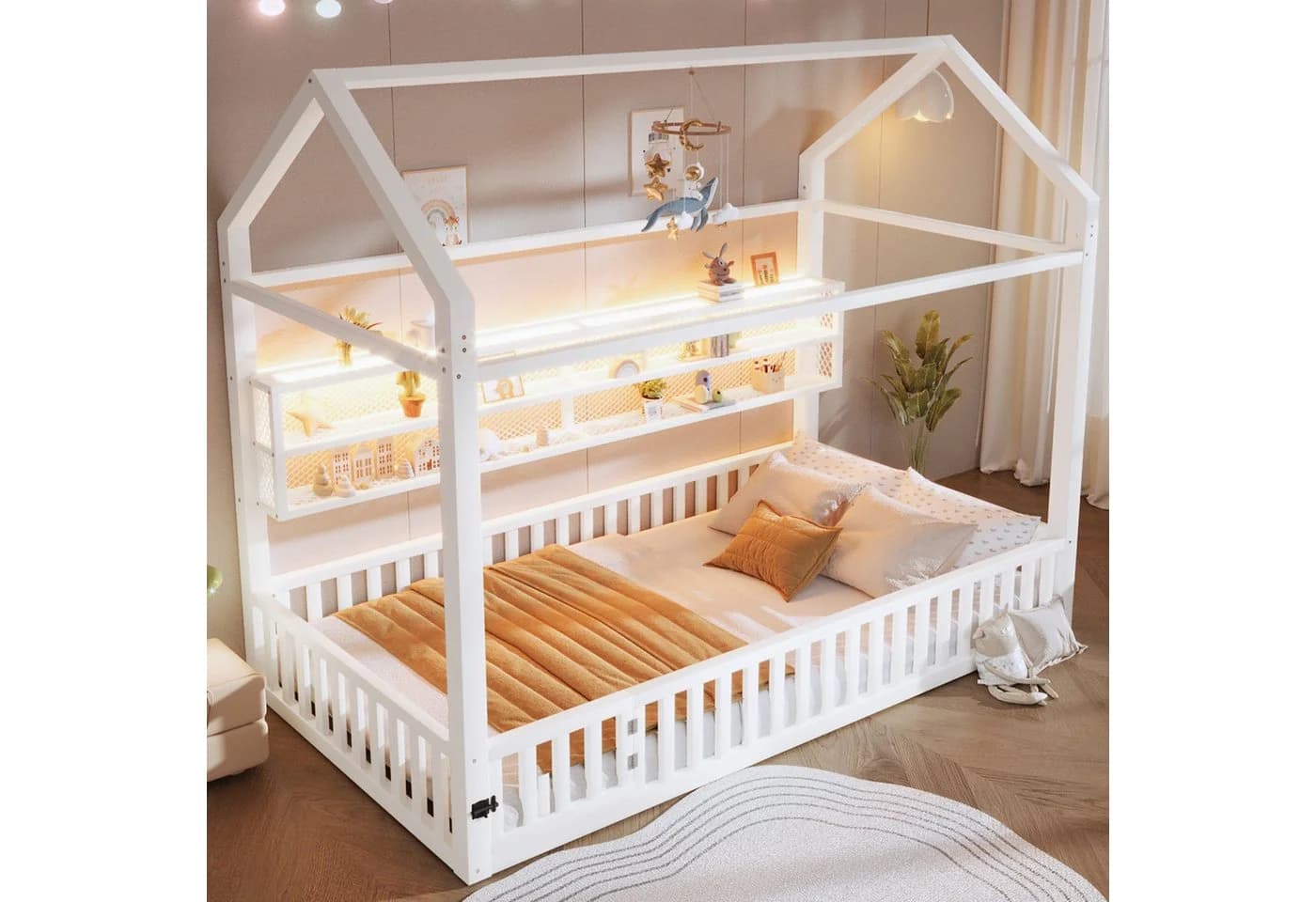 Merax Kinderbett mit LED-Beleuchtung, Plattformbett im Haus-Design - Bild 4