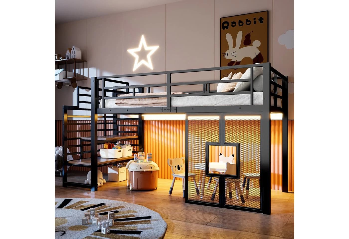 Merax Hochbett mit LED-Beleuchtung, Jugendbett 90x200cm, Metallbett mit Treppe, Stauraum & Fenster - Bild 2