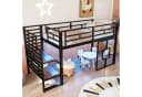 Merax Hochbett mit LED-Beleuchtung, Jugendbett 90x200cm, Metallbett mit Treppe, Stauraum & Fenster Bild 3
