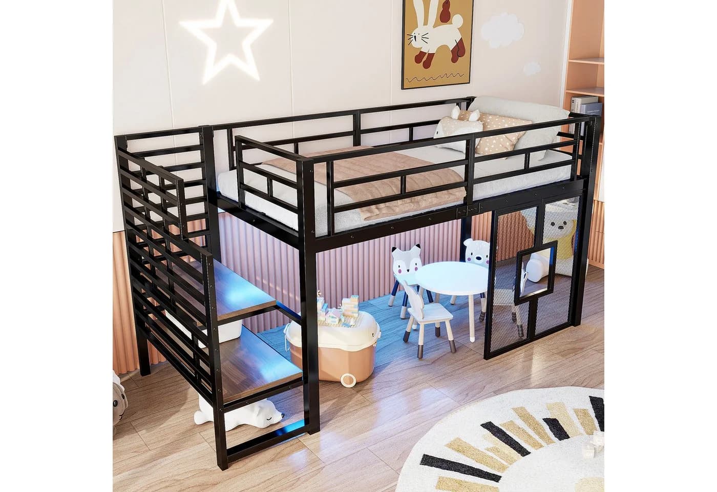 Merax Hochbett mit LED-Beleuchtung, Jugendbett 90x200cm, Metallbett mit Treppe, Stauraum & Fenster - Bild 3