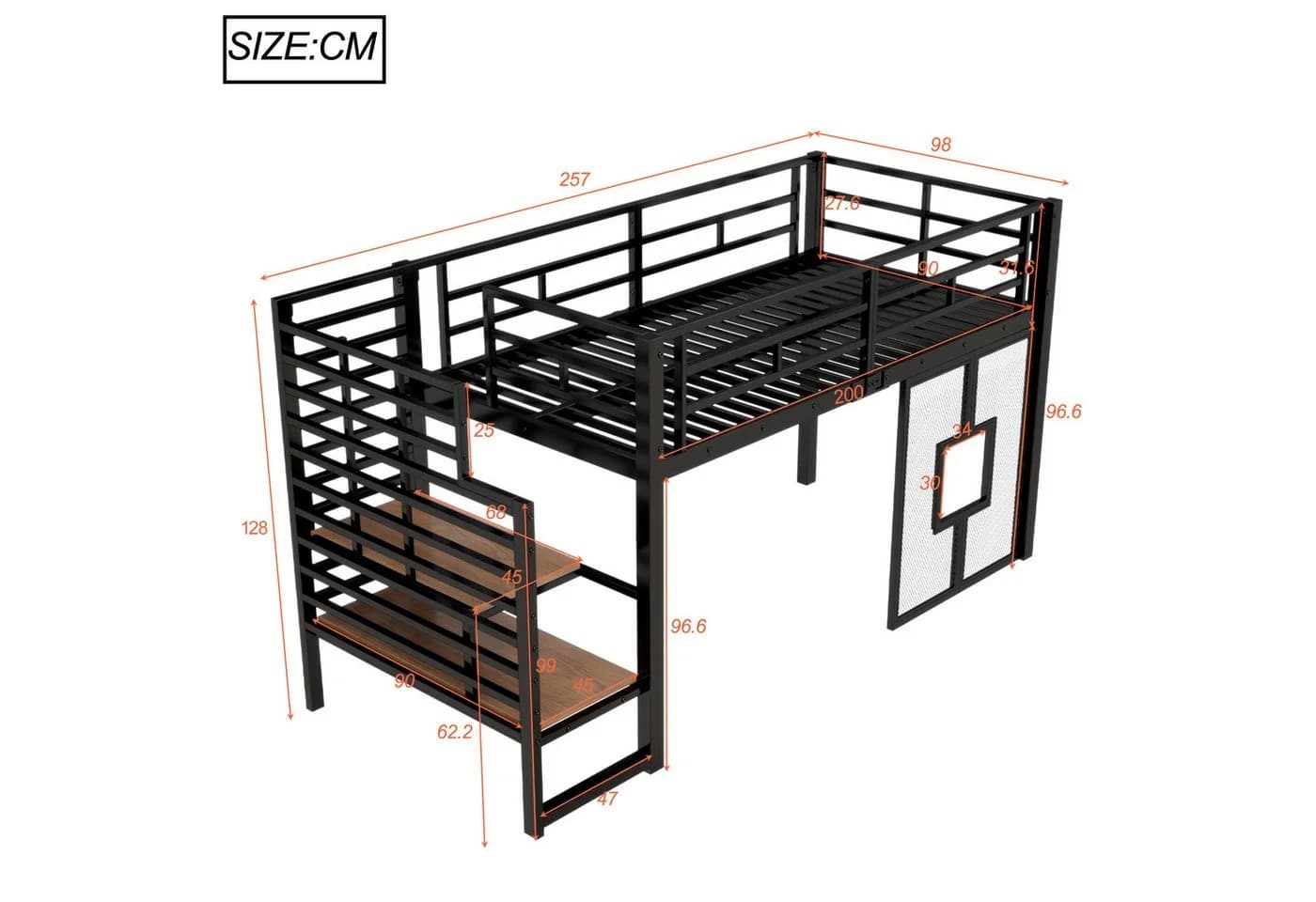 Merax Hochbett mit LED-Beleuchtung, Jugendbett 90x200cm, Metallbett mit Treppe, Stauraum & Fenster - Bild 5