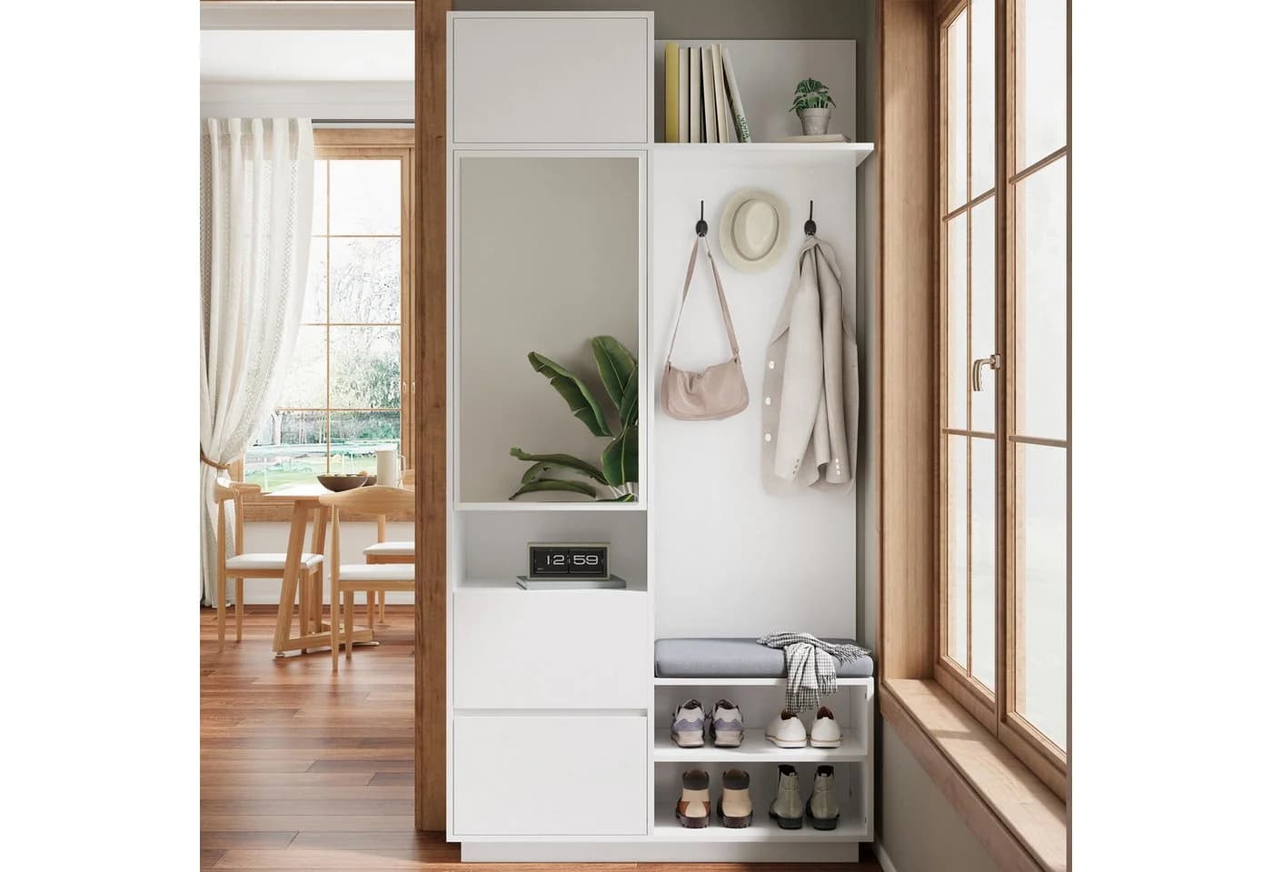 Merax Kompaktgarderobe 5-in-1 mit Spiegel und Sitzbank Weiß