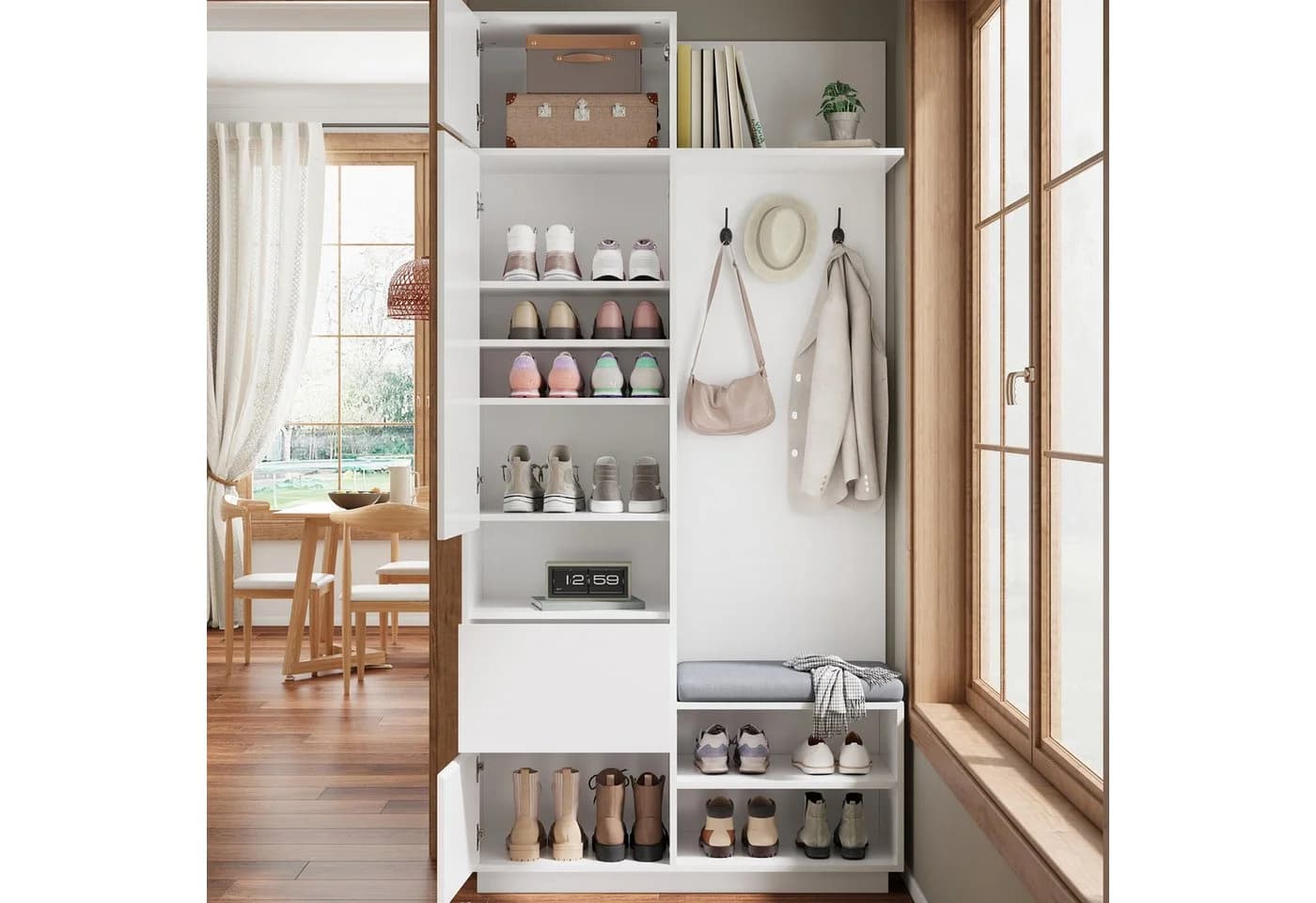 Merax Kompaktgarderobe 5-in-1 mit Spiegel und Sitzbank Weiß - Bild 4