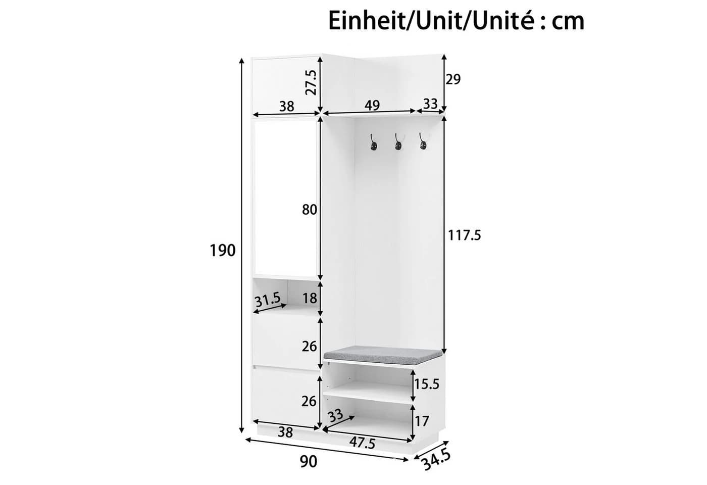 Merax Kompaktgarderobe 5-in-1 mit Spiegel und Sitzbank Weiß - Bild 5