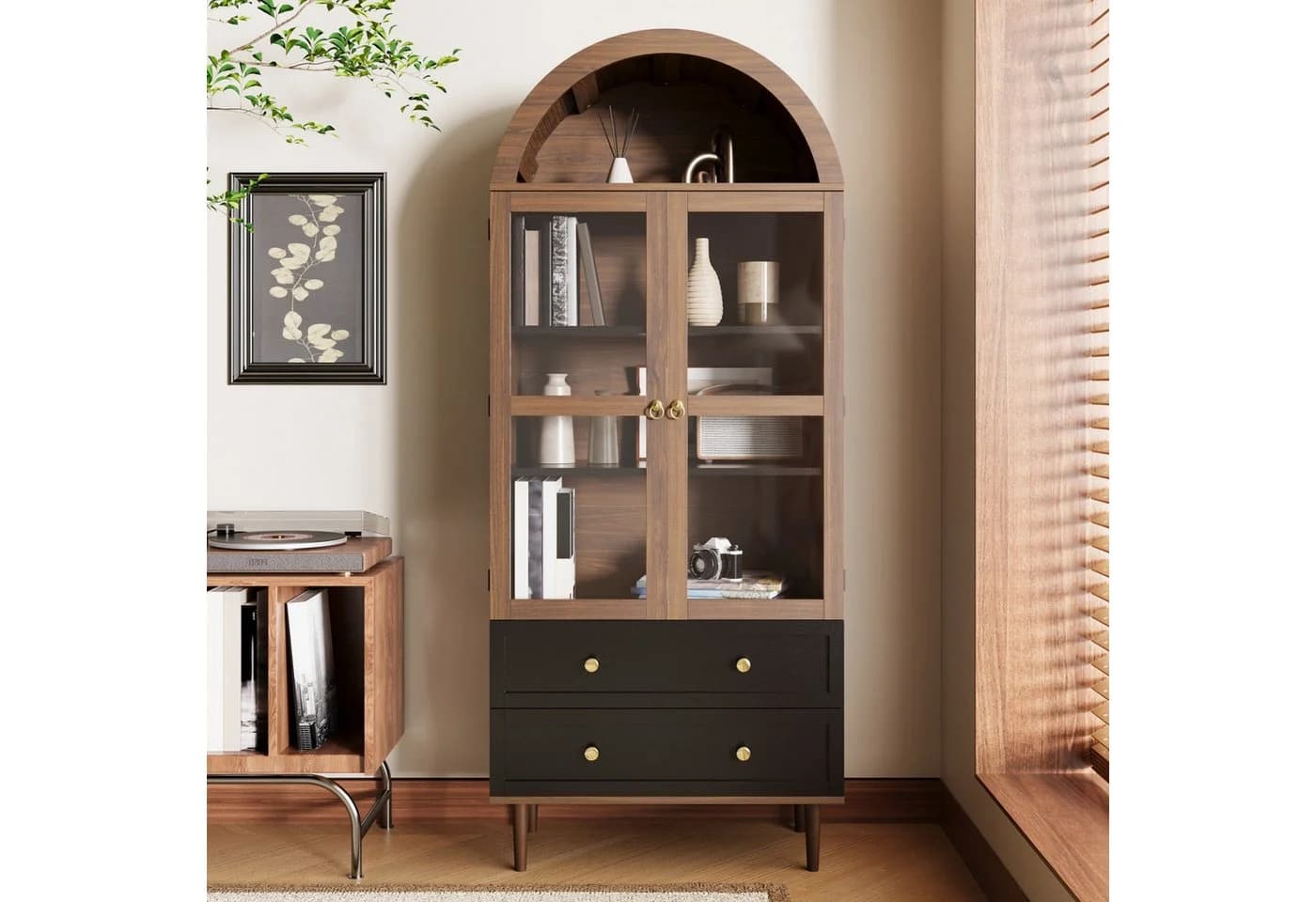 Merax Hochschrank Retro Sideboard mit Glastür und Schubladen - Bild 3