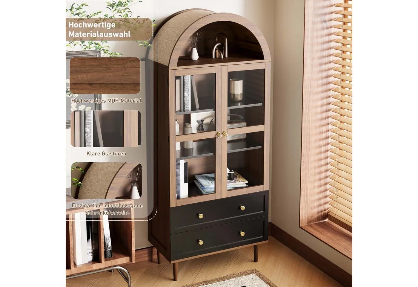 Merax Hochschrank Retro Sideboard mit Glastür und Schubladen - Bild 5
