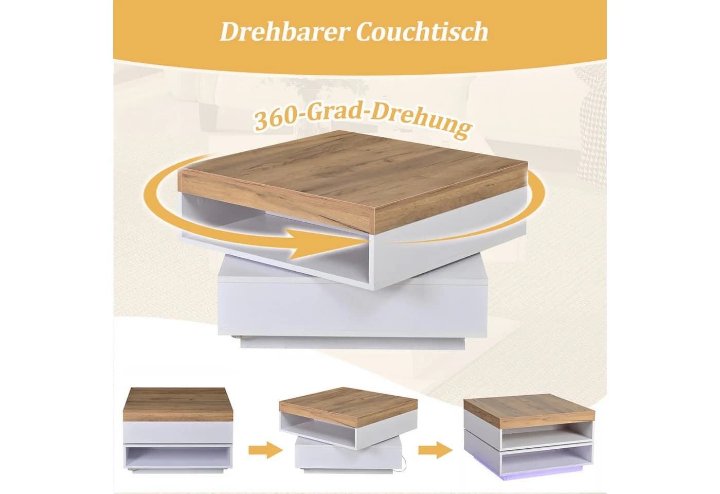 Merax Couchtisch mit LED-Beleuchtung, 360° drehbar - Bild 5
