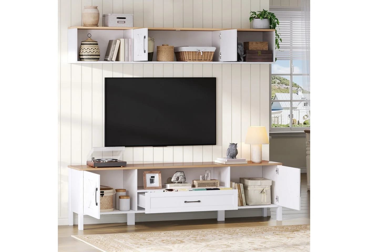 Merax Wohnwand-Set TV-Schrank & Vitrine Weiß