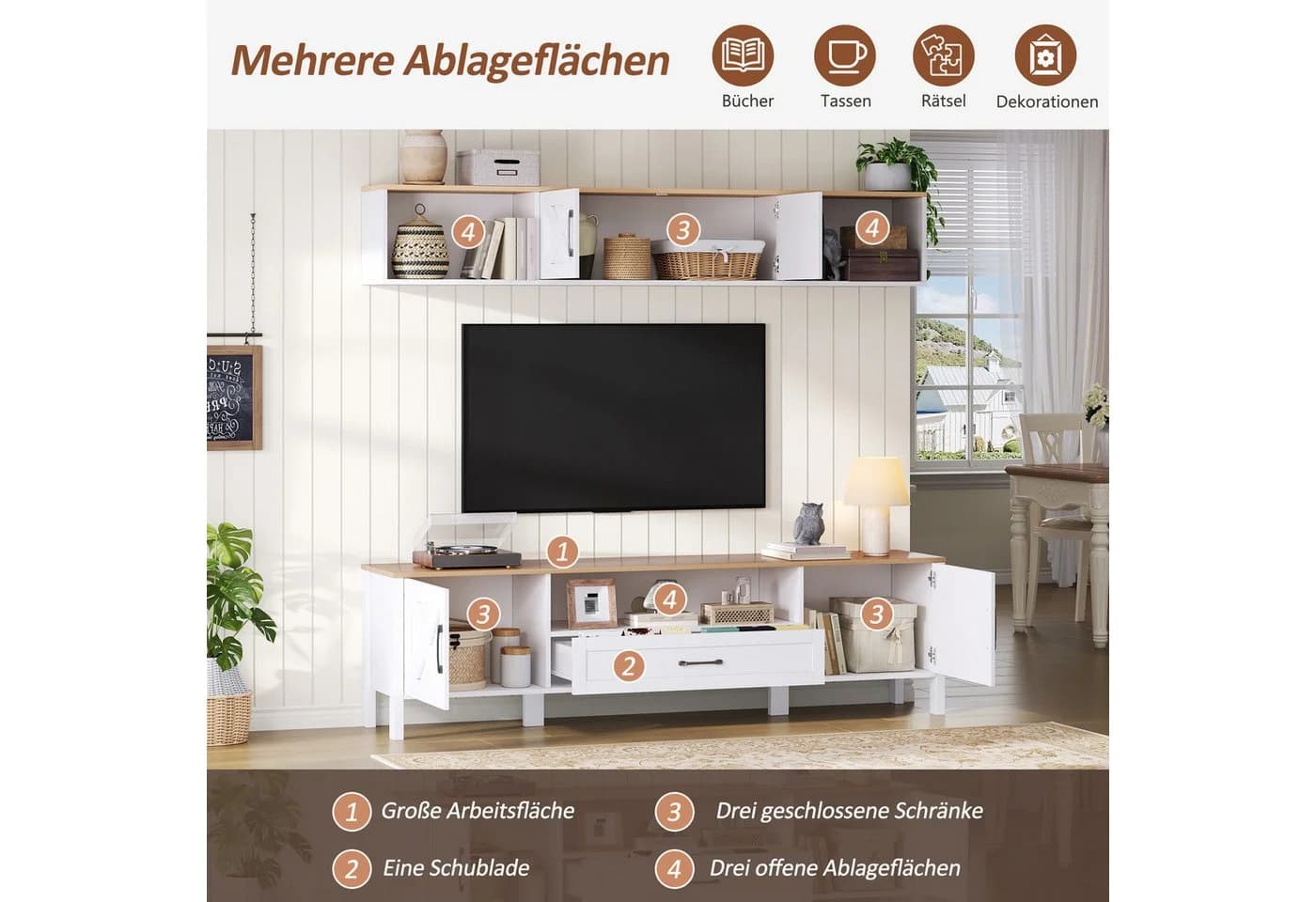 Merax Wohnwand-Set TV-Schrank & Vitrine Weiß - Bild 3