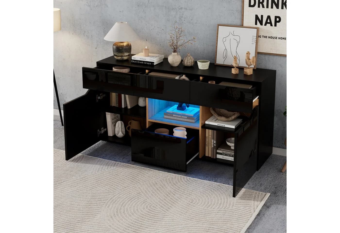 Merax Sideboard Hochglanz Weiß LED-Beleuchtung