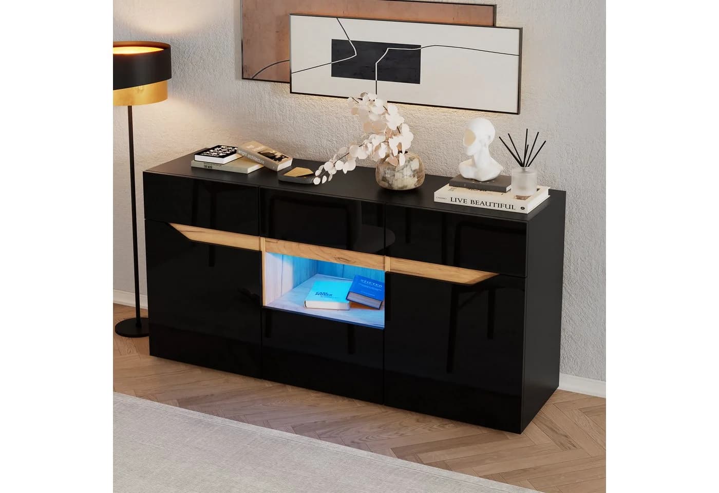 Merax Sideboard Hochglanz Weiß LED-Beleuchtung - Bild 3