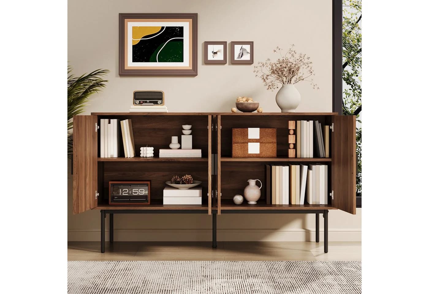 Merax Sideboard Rattanfurnier Walnussholz-Optik 4 Türen