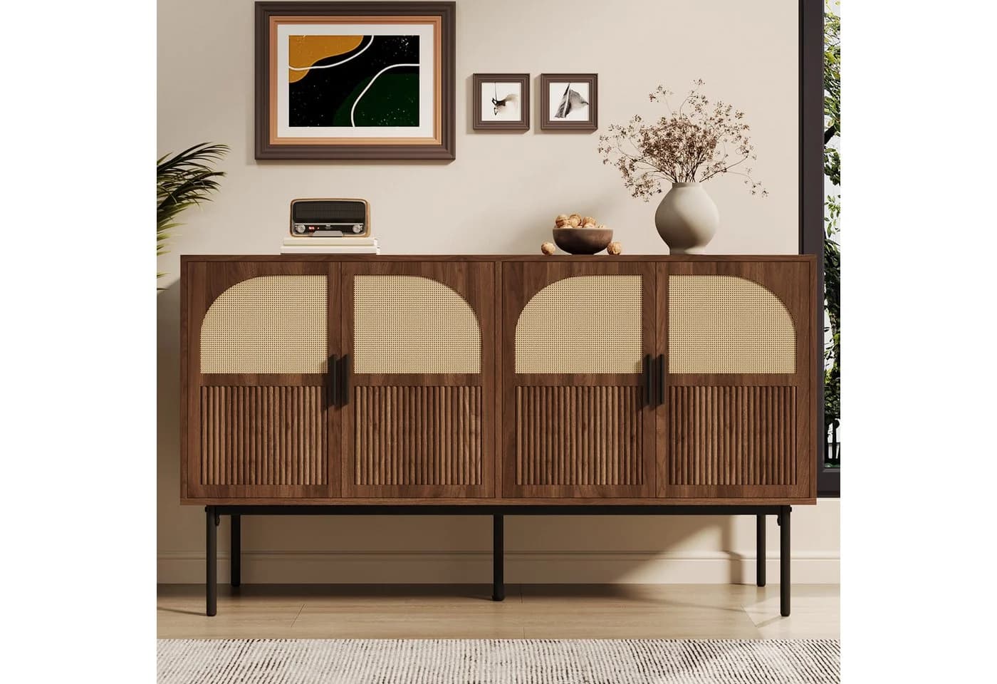 Merax Sideboard Rattanfurnier Walnussholz-Optik 4 Türen - Bild 2