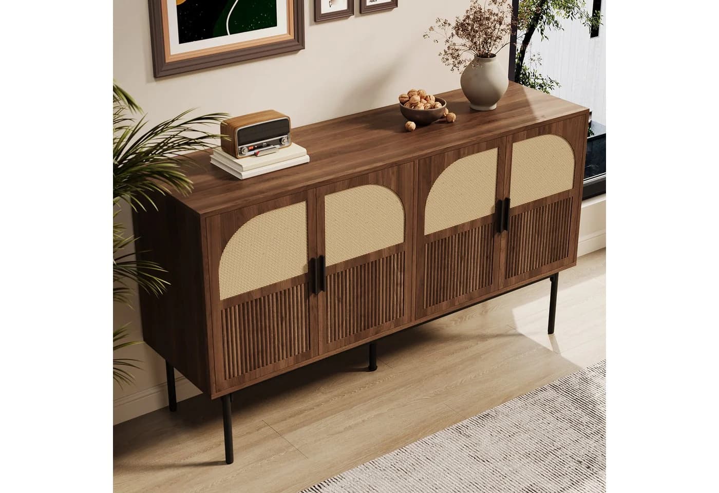 Merax Sideboard Rattanfurnier Walnussholz-Optik 4 Türen - Bild 3