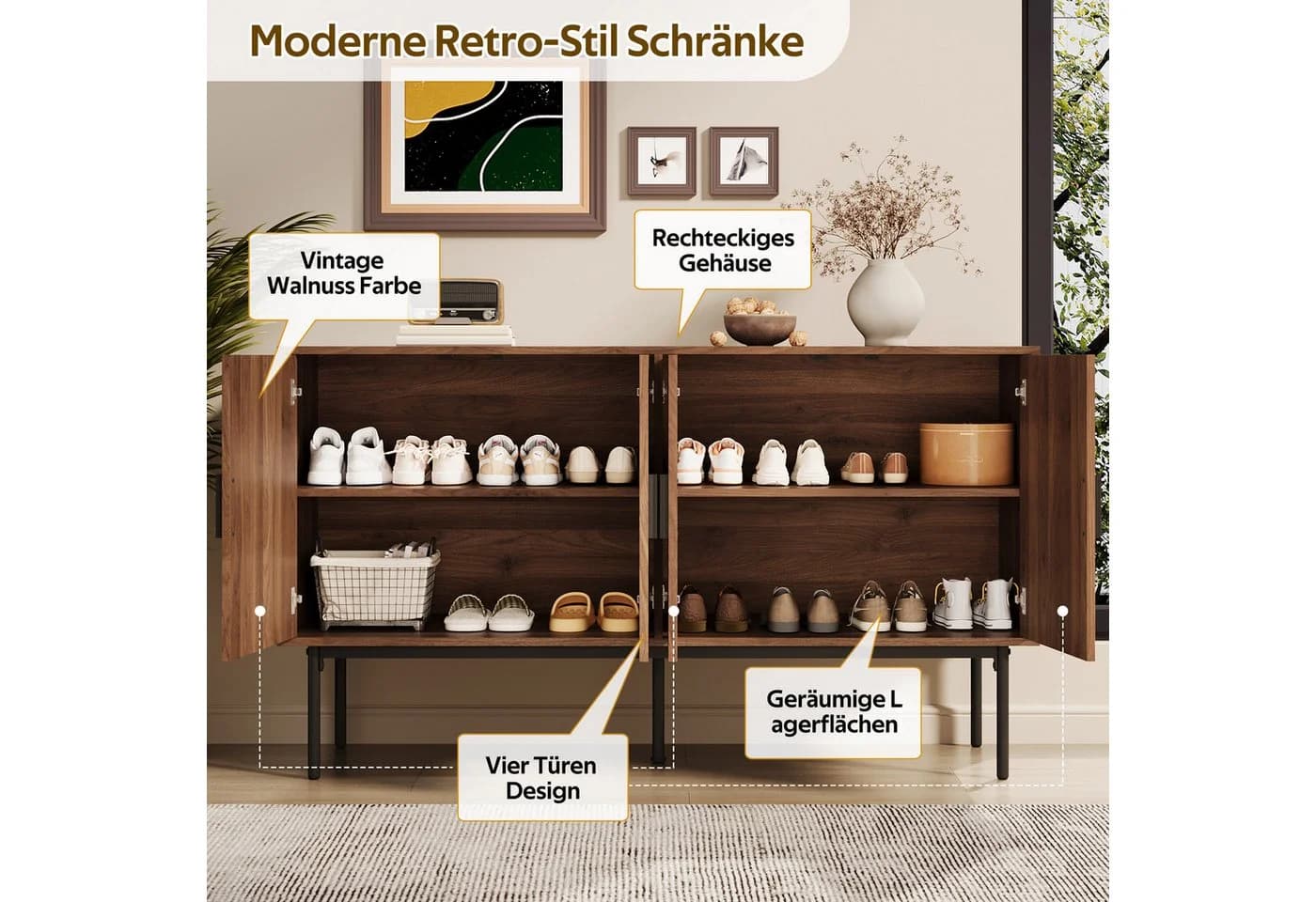 Merax Sideboard Rattanfurnier Walnussholz-Optik 4 Türen - Bild 5
