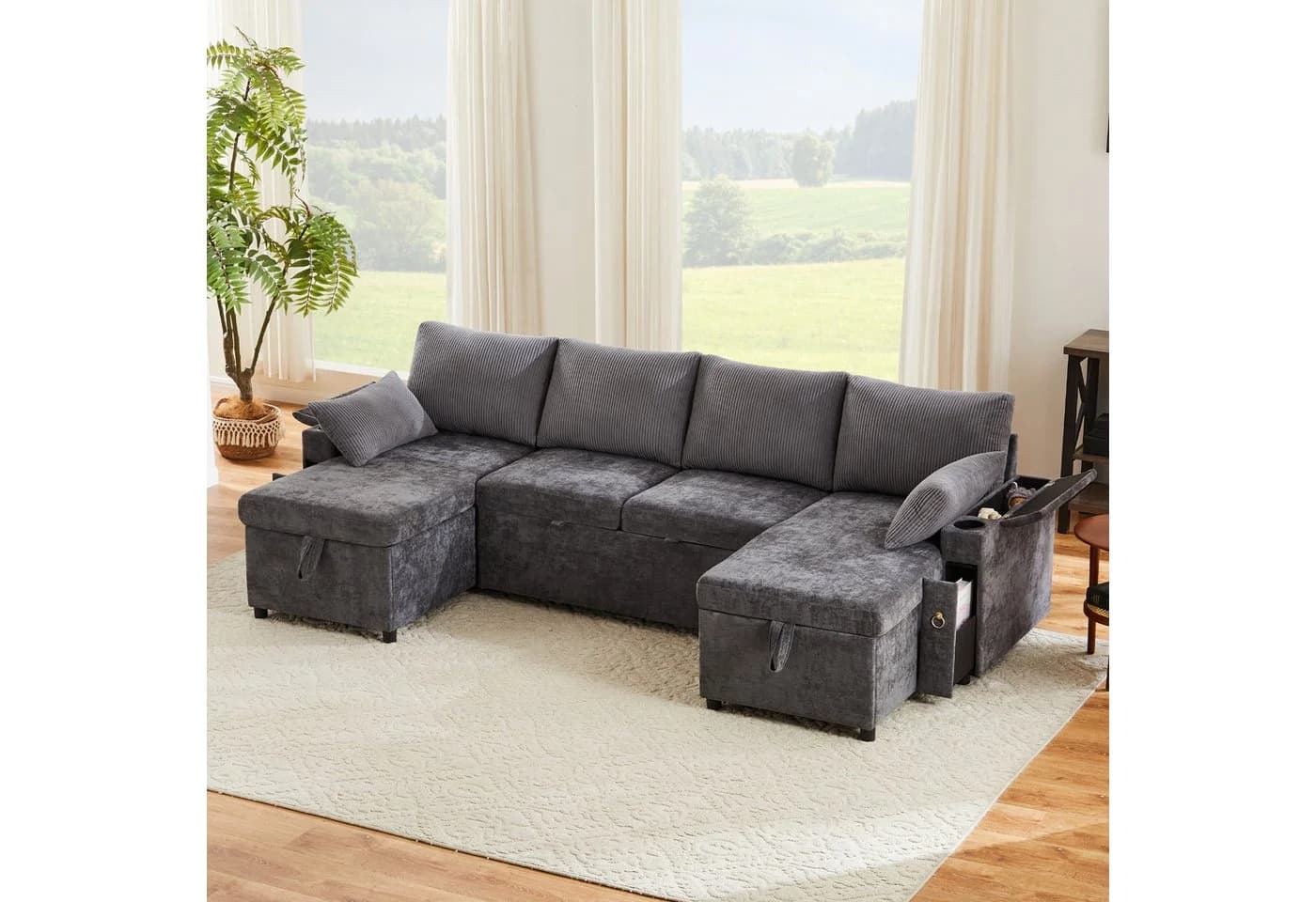 Merax U-Form Schlafsofa Grau mit Schlaffunktion und Stauraum - Bild 3