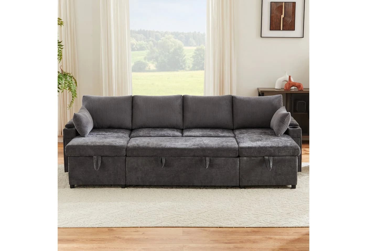 Merax U-Form Schlafsofa Grau mit Schlaffunktion und Stauraum - Bild 4