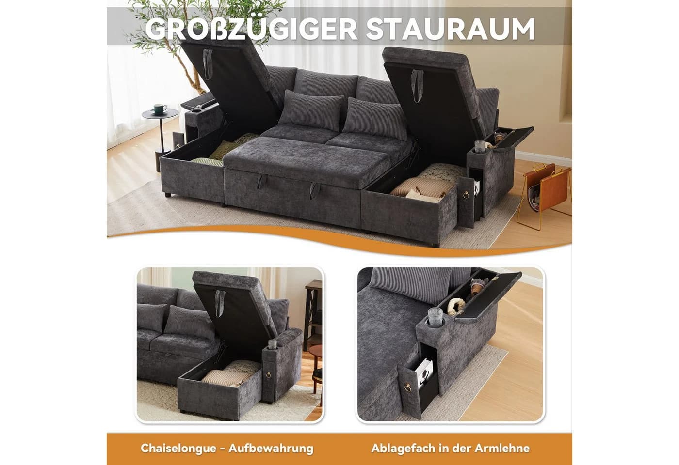 Merax U-Form Schlafsofa Grau mit Schlaffunktion und Stauraum - Bild 5