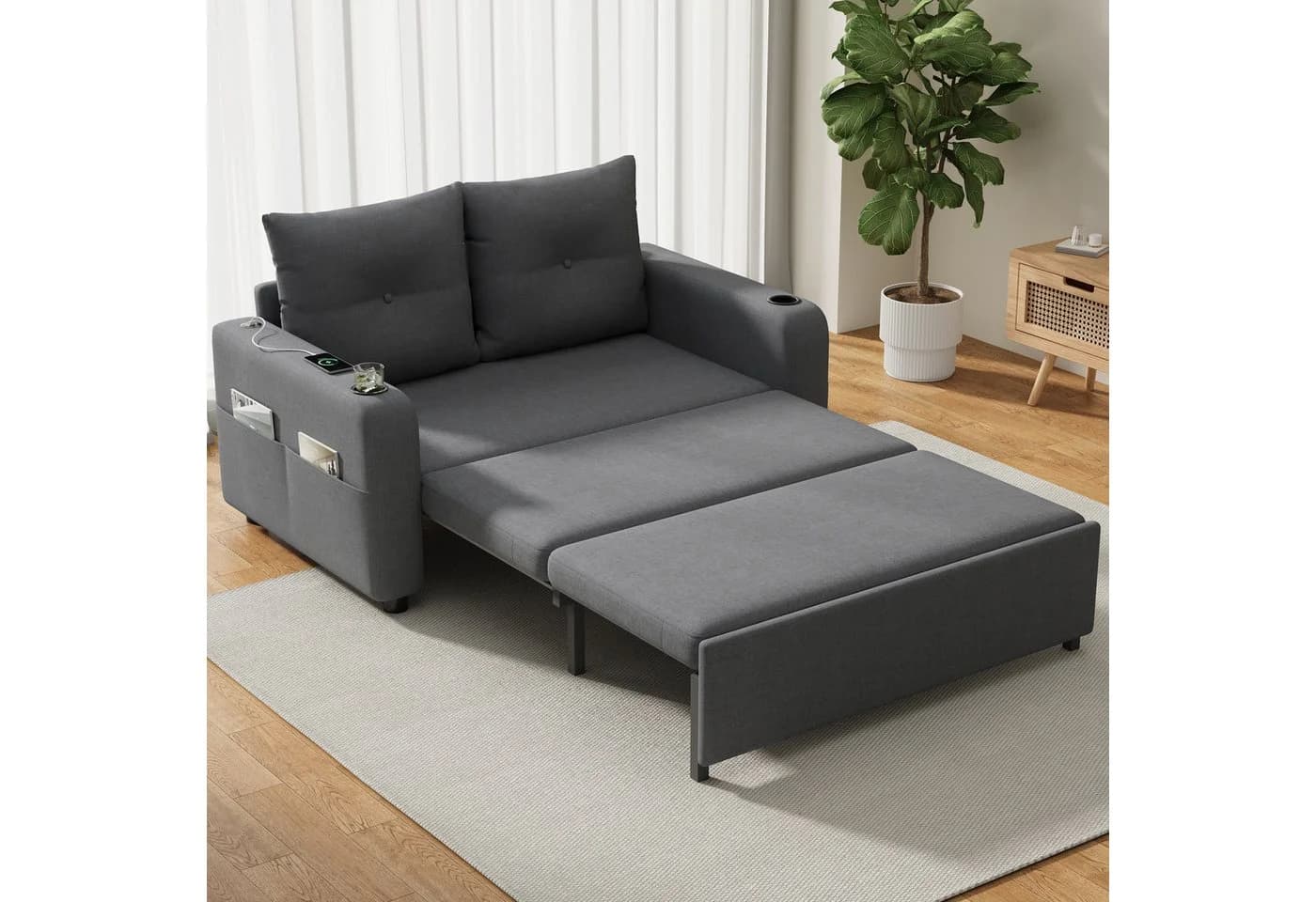 Merax Schlafsofa 3-in-1 mit USB-Anschluss Beige/Grau - Bild 2